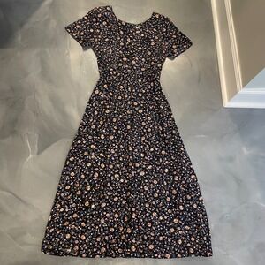 Erika & Co Floral Midi Dress Navy Peach Cottagecore Women's S Tie Back Button